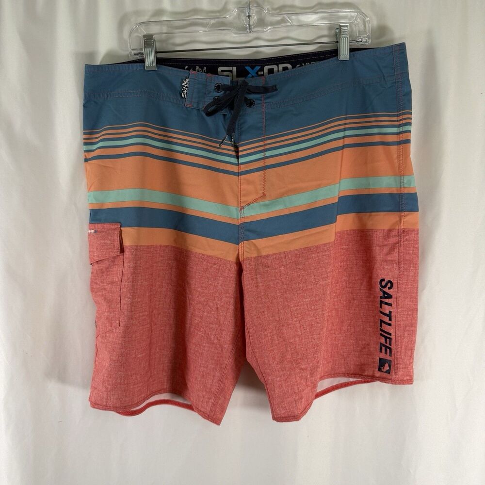 Salt Life SLX-QD Swim Trunks Men's 36 Blue Red Striped Drawstring 9" Inseam
